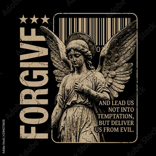 Distressed Angel Statue Illustration with Forgiveness Quote and Stars
