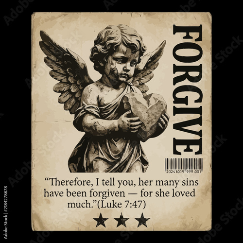 Vintage Cherub Holding Heart Illustration with Religious Forgiveness Quote