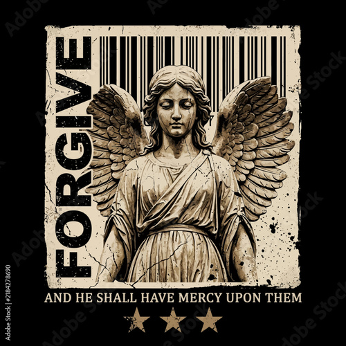 Vintage Angel Statue Illustration with Forgiveness Grunge Text