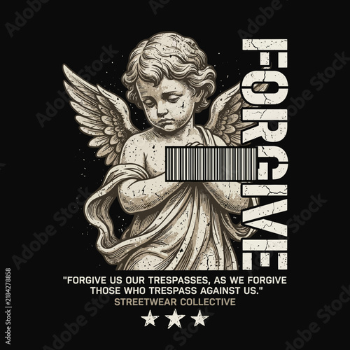 Vintage angel sculpture streetwear design with barcode and typography