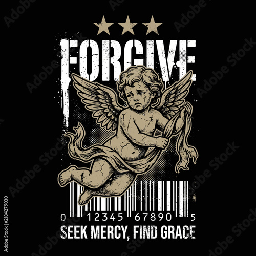 Vintage Grunge Angel Streetwear Illustration with Forgiveness Typography