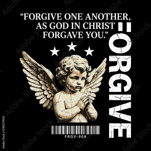 Vintage Praying Cherub Angel Illustration with Religious Forgiveness Quote Text