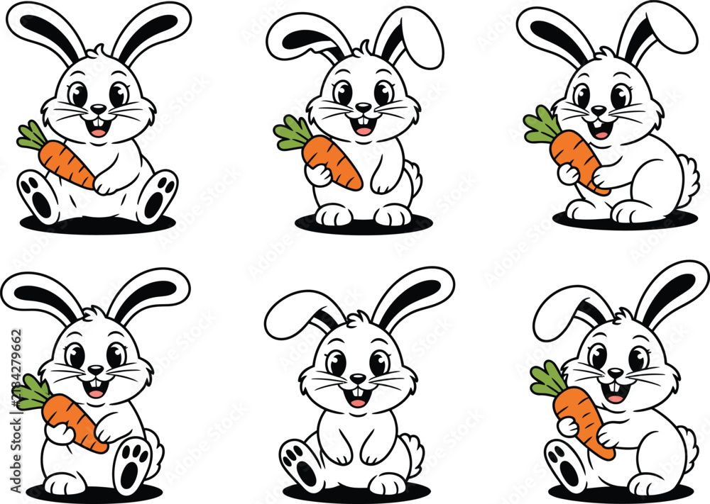 Fototapeta premium Cute cartoon white rabbits eating carrots in flat vector illustration set for Easter or spring designs