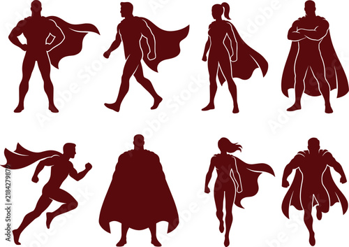 Obraz na plátne Set of eight dark brown superhero silhouettes featuring male and female characte