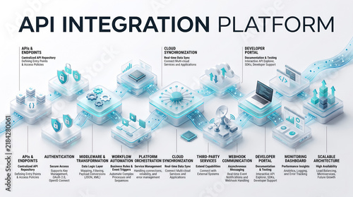 Isometric API Integration Platform Infographic Concept with Glassmorphic Elements