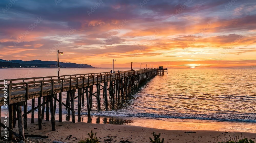 Obraz premium Wooden Pier Extending Into Ocean At Sunset With Dramatic Sky