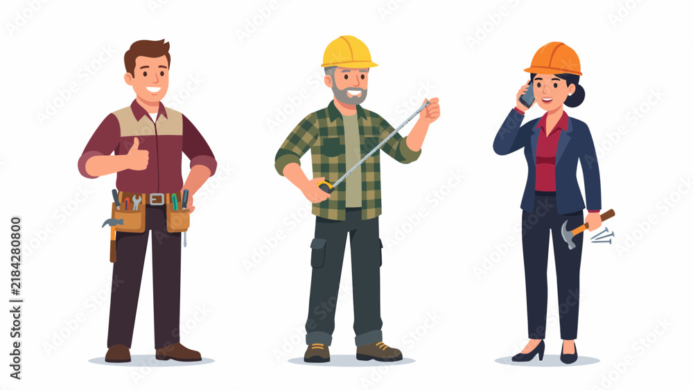 Obraz premium Three construction workers in hard hats with tools, smiling and standing confidently against a white background.