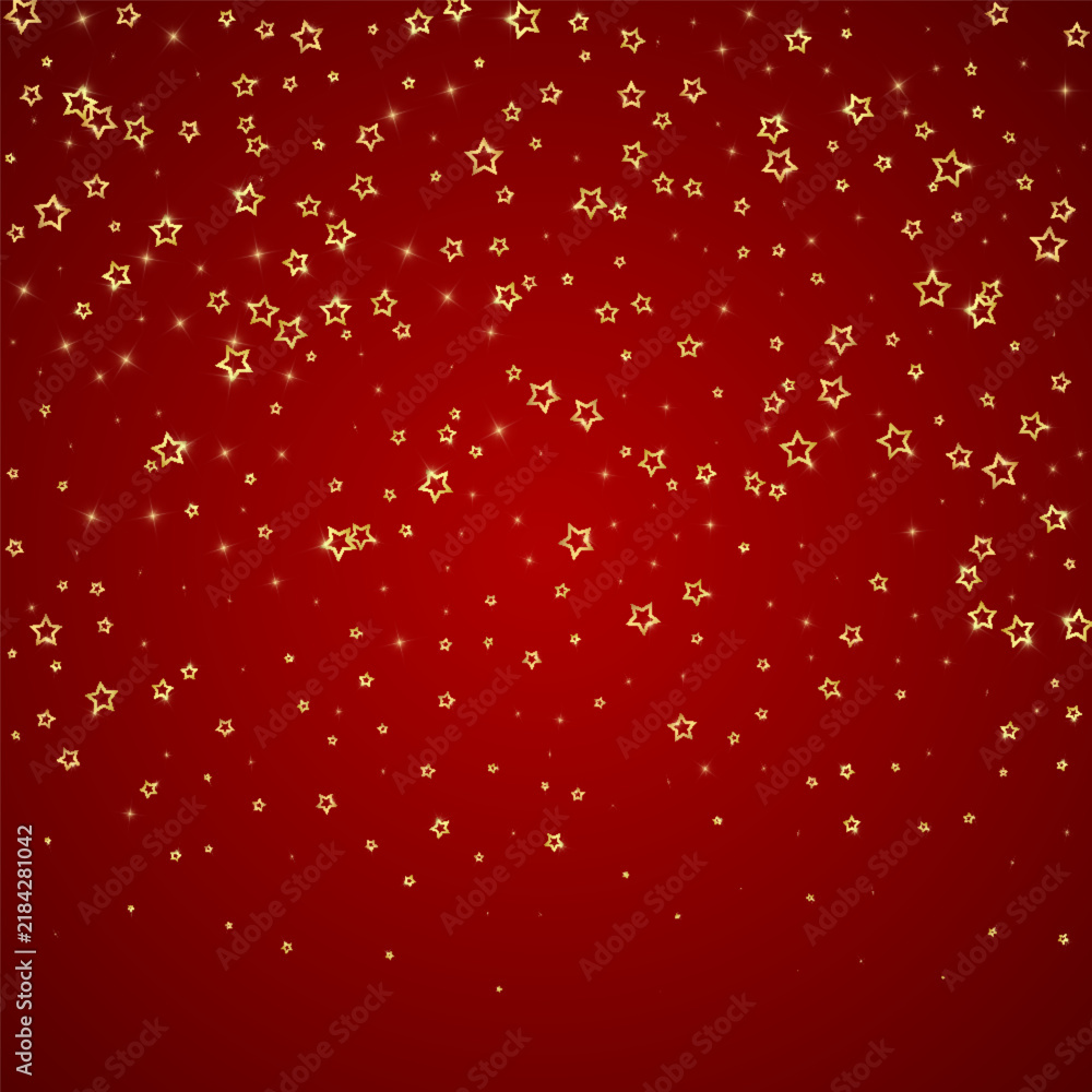 Obraz premium Christmas stars vector overlay. Magic stars luxury sparkling confetti. Christmas spirit. Festive stars vector illustration on red background.