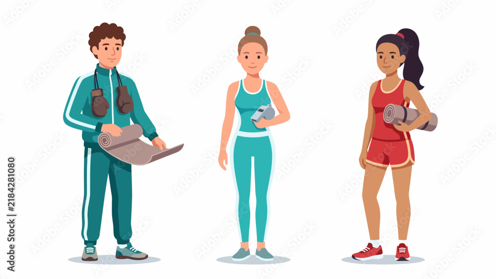 Fototapeta premium Diverse group of people in athletic wear holding yoga mats and gym equipment, ready for a workout session.