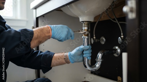 Close-up of a plumber wearing blue gloves and working on a sink drainpipe with a wrench