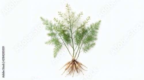 Fresh green fern plant with delicate feathery leaves and tangled root system isolated on a clean white background, top-down view