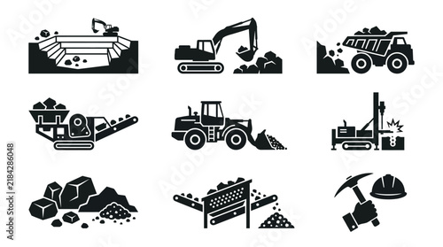 Mining industry icons set featuring heavy machinery equipment and excavation tools