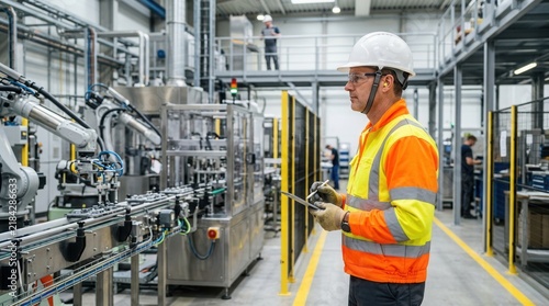 Engineer Supervises Automated Production Line in Modern Factory
