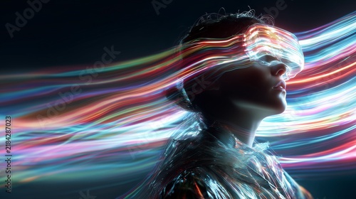 Person gen-z wearing virtual reality headset with colorful light trails in dark setting banner