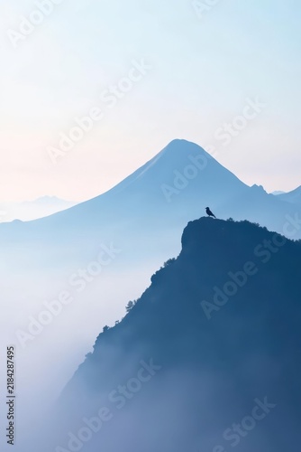 Serene Mountain Vista A Solitary Bird Perched on a Misty Peak at Dawn