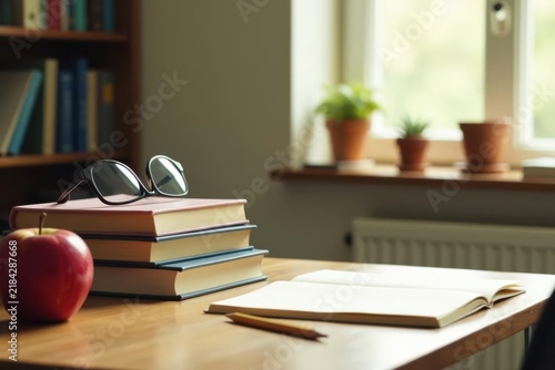 Quiet Study Session Books, Eyeglasses, and a Pencil Resting on a Wooden Desk Beside an Open Notebook