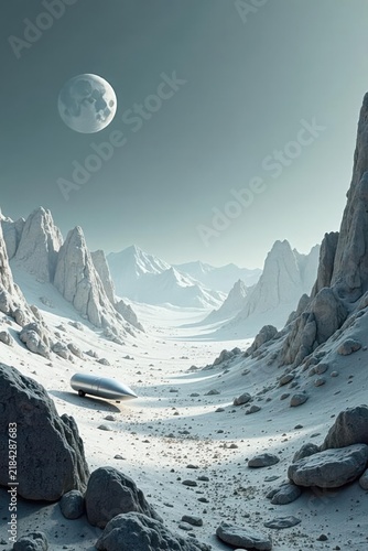 A Solitary Vessel on a Frost-Kissed Alien Plain, Underneath a Pale Celestial Orb