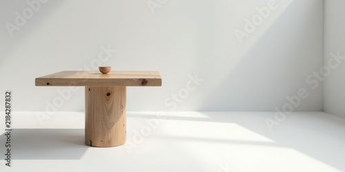 A Minimalist Square Wooden Table with a Small Bowl on Top, Showcased in a Bright Room with Sunlight Streaming Through a Window