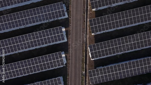 High Aerial View of a Large Solar Panel Farm.