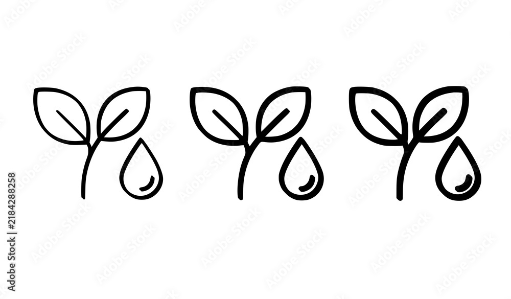 Obraz premium Minimalist eco plant sprout and water droplet icon vector set for organic care branding