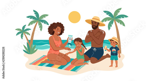 Family applying sunscreen on beach