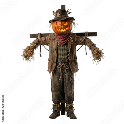 Spooky scarecrow with a glowing jack o lantern pumpkin head for halloween
