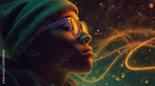 Young person dark-skinned gen-z in glasses and beanie gazes thoughtfully while glowing particles swirl around at night