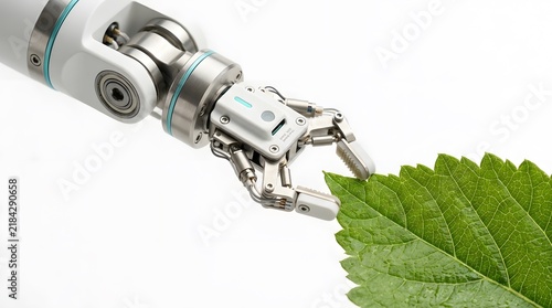 Robot hand touching green leaf, symbolizing interaction with nature and environmental research.