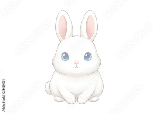 Illustrazione digitale di un piccolo coniglio bianco soffice con grandi occhi azzurri e orecchie dritte, disegnato in uno stile kawaii adorabile su uno sfondo bianco pulito e isolato.