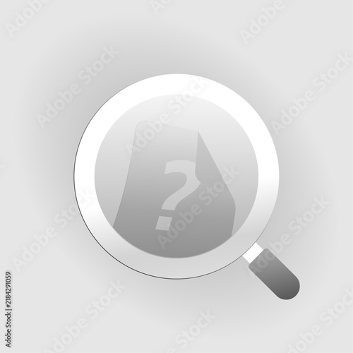 Magnifying glass searching for missing document with question mark, representing files not found, unavailable search results, unsuccessful search, information lookup problems modern digital interface