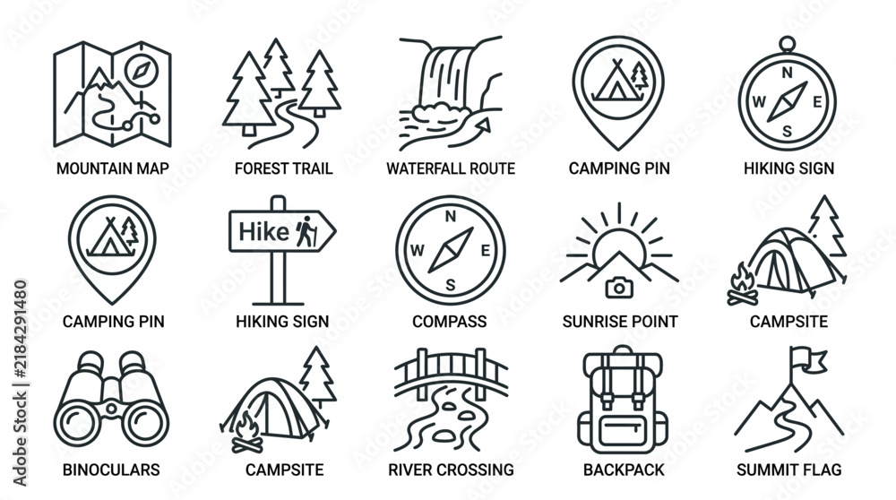 Fototapeta premium Outdoor Adventure Icons: Camping, Hiking, Map, Compass, Backpack, Summit, Forest, Waterfall, Binoculars