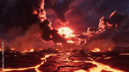 Dramatic volcanic sunset over a molten lava sea with billowing crimson clouds