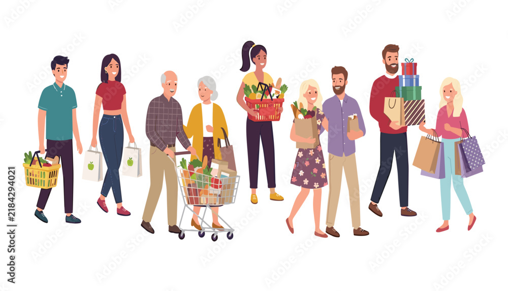 Fototapeta premium Diverse people shopping set featuring buyers carrying grocery baskets paper bags gift boxes and pushing cart vector illustration.