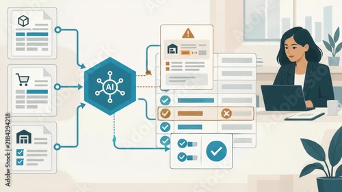 Woman working at laptop with animated data processing and workflow