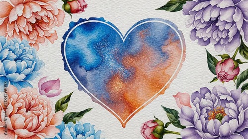 Watercolor Heart with Cosmic Nebula Pattern and Peony Floral Frame. 4K Video