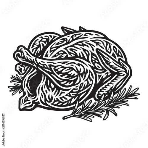 Roasted whole chicken illustration with rosemary herbs in vintage engraved style.