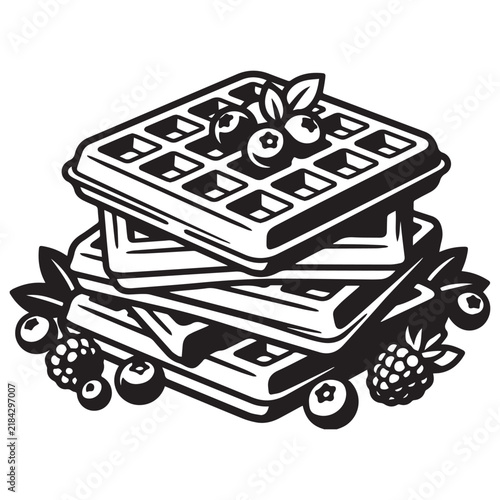 Stack of delicious waffles with fresh blueberries and raspberries illustration.