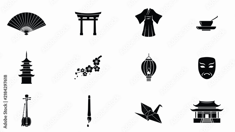 Naklejka premium Traditional cultural icons arranged in a minimalist black with decorative elements clean graphic style silhouettes distinct traditional architecture attire instruments
