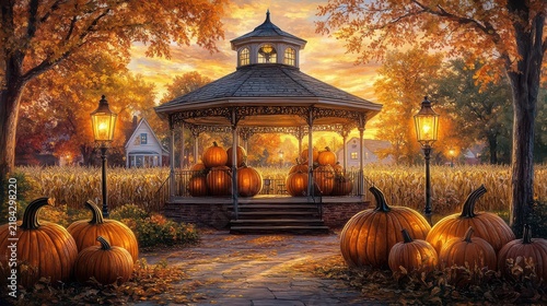Autumnal Pumpkin Display in Park with Gazebo and Warm Lighting at Sunset