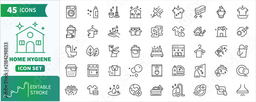 Fotografie Home hygiene line icon set showing cleaning and laundry