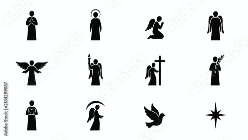 Foto Religious figures and symbols in traditional black with Set robed figures symbol
