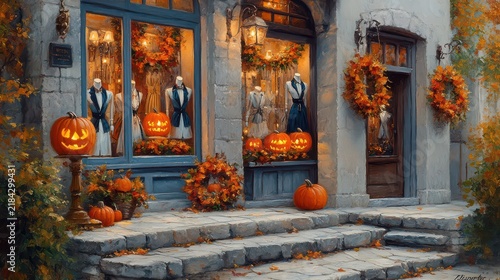 Cozy autumn front porch with pumpkins and wreaths decor and rustic stone steps