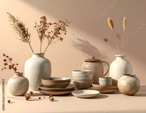 Ceramic tableware and dried flowers in soft light against a peachy background