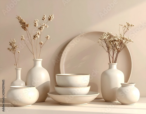 A minimalist still life features beige pottery and dried flowers against a warm, neutral background