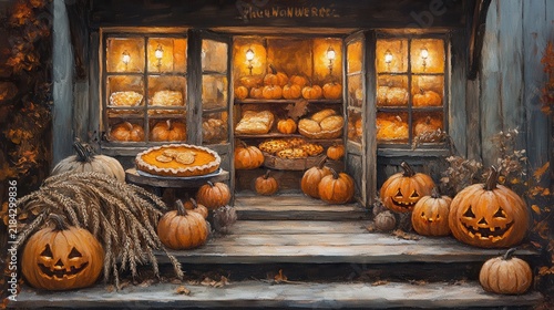 Cozy Pumpkin Display with Autumn Decorations and Warm Lighting on Rustic Porch