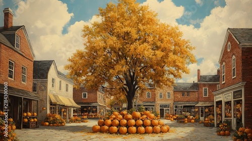 Charming autumn town square with central tree and pumpkin display in cozy village scene