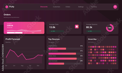Modern dark dashboard showing analytics and statistics Vector