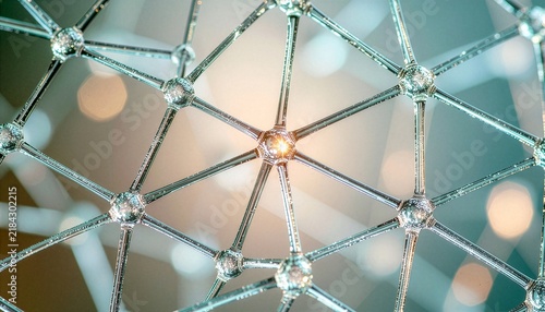 Macro close-up of a metallic molecular lattice structure and interconnected network nodes