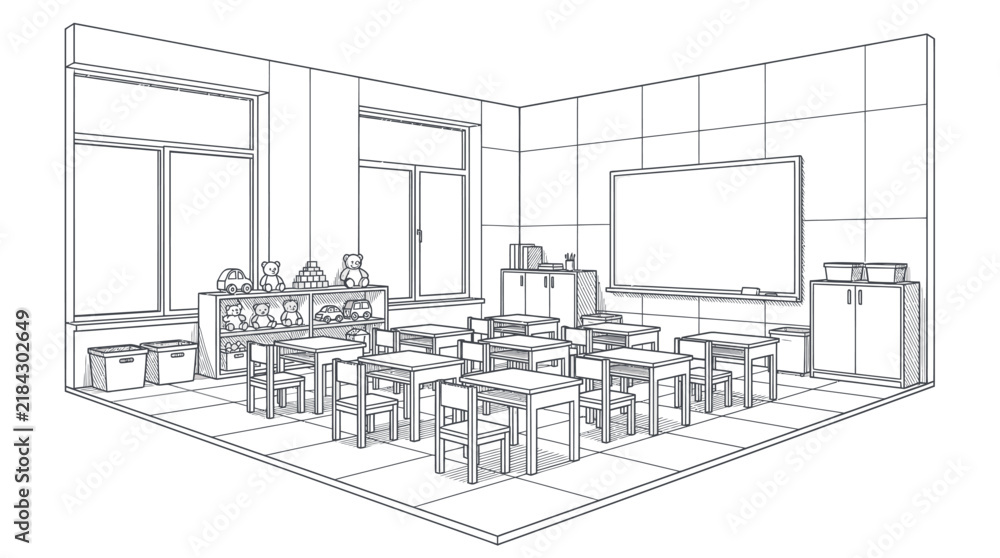 Fototapeta premium Classroom Interior Sketch with Desks and Whiteboard.