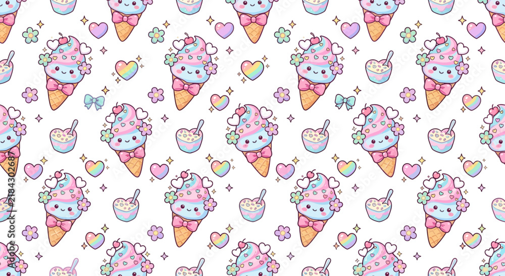 Naklejka premium Kawaii Ice Cream Cone Pattern